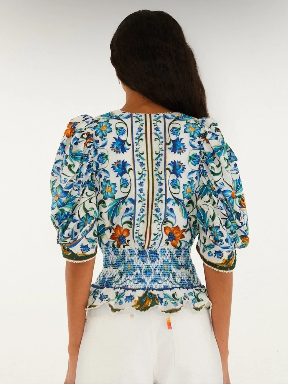 FARM Rio Blue & White Floral V-Neck Smocked Waist Blouse
